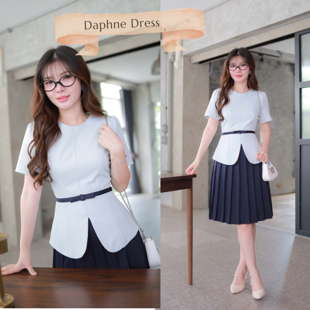 "Romi"Oil" Daphne Dress (Navy) K396 ชุดเดรสสีกรม (ชุดเดรสกระโปรงพลีท)