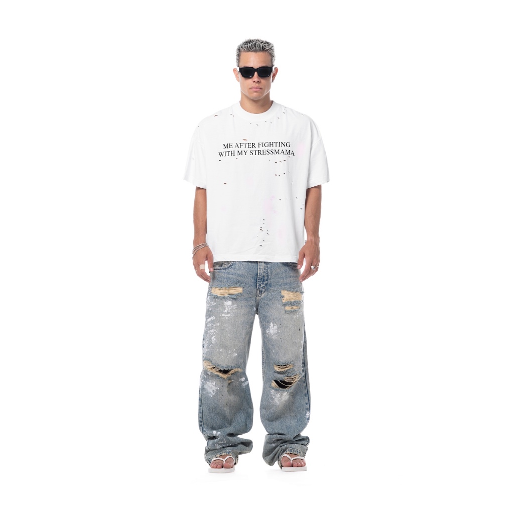 ⚡️Brand : STRESSMAMA SS26 FIGHT T-SHIRT - WHITE & WORK IN PROGRESS JEANS (สินค้าพรีออเดอร์ 19-15 วัน)⚡️