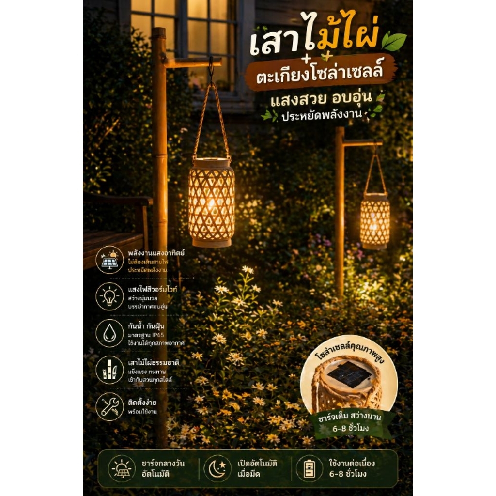✨ เสาไม้ไผ่พร้อมตะเกียงโซล่าเซลล์ แบบเสียบลงดิน 🌿🏮