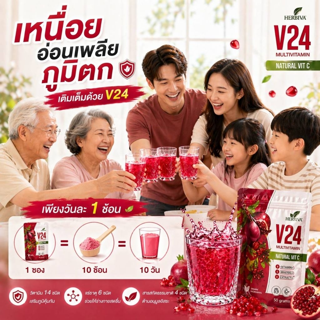 V24 น้ำทับทิม multi vitamin (แบบชง) ช่วยดูแลภูมิคุ้มกัน ดูแลผิวพรรณ
