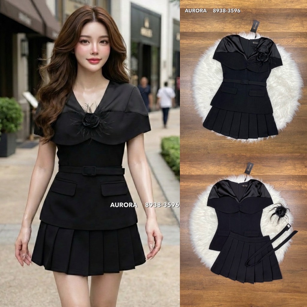 AURORA BRAND 8938-3596 ชุดเซต 4 ชิ้น เสื้อเนื้อผ้าสูท แมทช์ กระโปรง มาพร้อม เข็มขัด และ เข็มกลัด