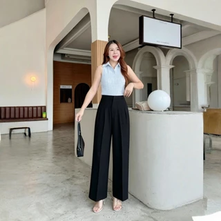 กางเกงขายาวผู้หญิง ทรงกระบอกใหญ่ เอวสูง ผ้าลินลี่พรีเมี่ยม ใส่สบาย ดีไซน์เก็บทรงสวย suit trousers