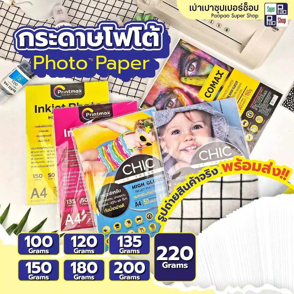 CHIC กระดาษโฟโต้ กระดาษพิมพ์ภาพถ่าย แบบมันวาว กระดาษอิงค์เจ็ท ขนาดA4 50แผ่น 100แผ่น ปกรายงาน
