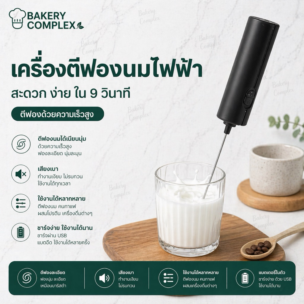 เครื่องตีฟองนมไฟฟ้า ใส่ถ่าน หัวสแตนเลส แข็งแรง น้ำหนักเบา ปั่นด้วยความเร็วสูง สวิตช์เปิดปิด