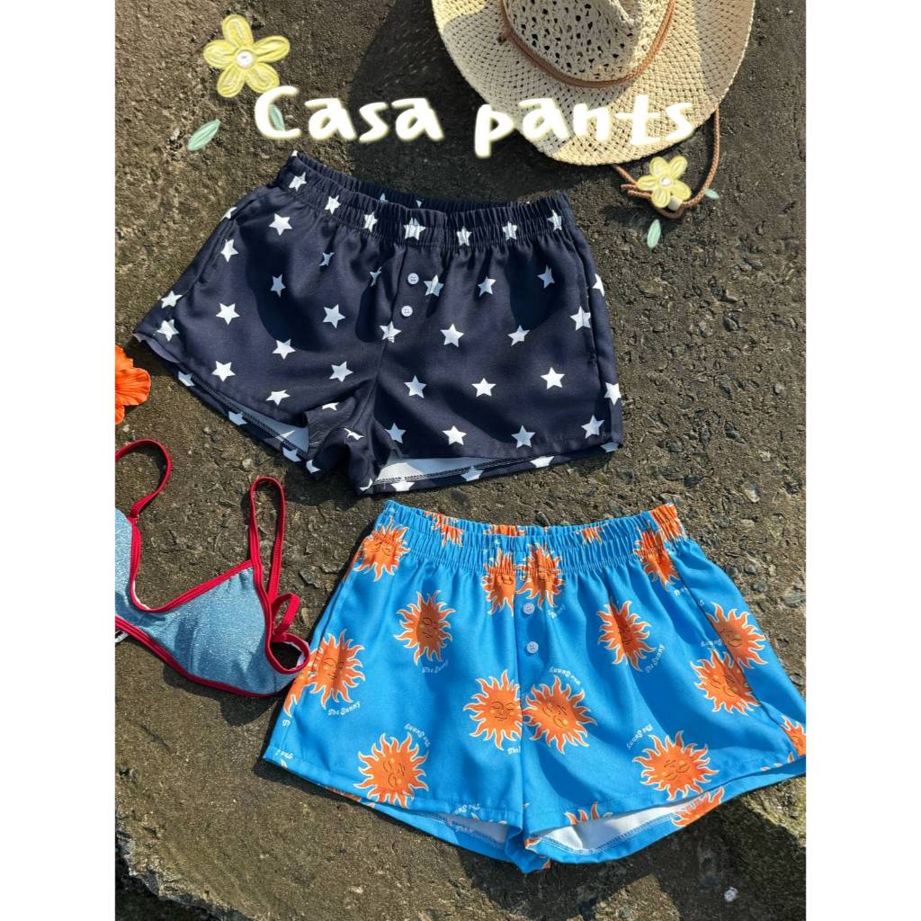 Lazy - CASA PANTS - กางเกงขาสั้นทรงเอวต่ำ ผ้าพิมพ์ลาย ใส่สบาย (ส่งด่วน)