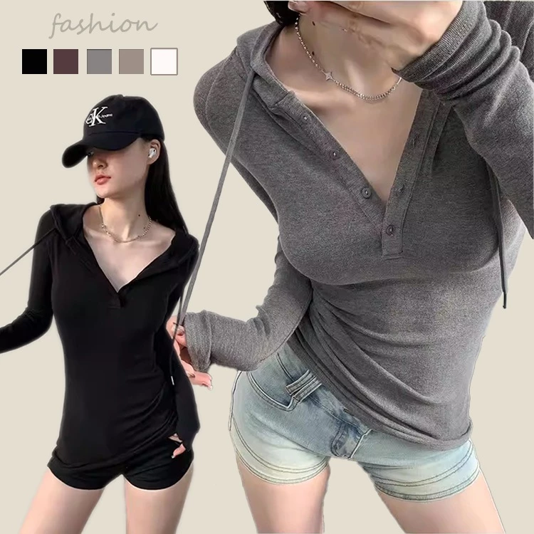 🛒การจัดส่งคลังสินค้าไทย👚เสื้อแขนยาว เสื้อแขนยาวผู้หญิง คอวี มีฮู้ด สีพื้น เสื้อยืดมีฮู้ด ดูผอม หวานเซ็กซี่ #F081