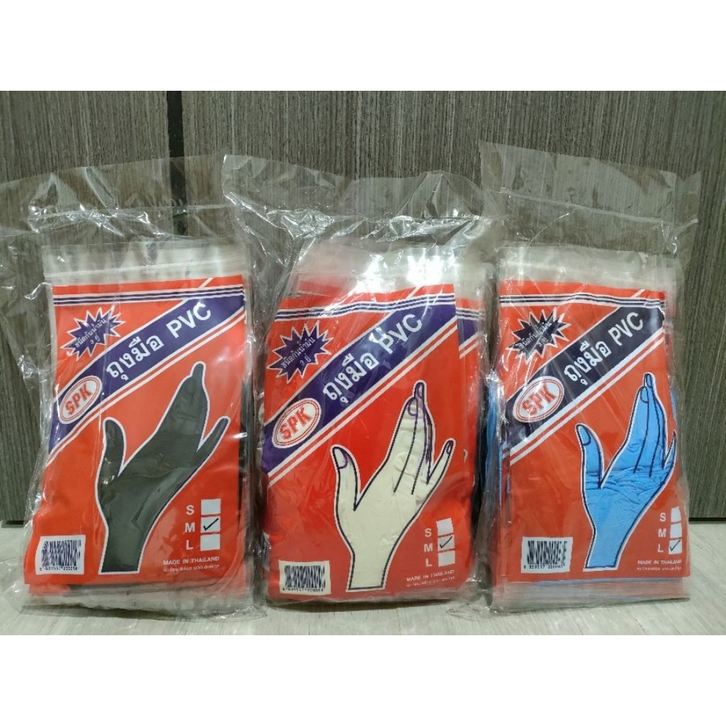ถุงมือยาง PVC  ตรา SPK ข้อสั้น( 36 คู่ ) สีฟ้า สีดำ สีขาว