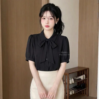 C38 🎀 [S - XXXXXL] เสื้อเชิ้ตผู้หญิงคอปก แต่งโบว์ (ถอดโบว์ได้) ขนาดพลัสไซส์ อก 32 - 62 นิ้ว ผ้าใส่สบาย ไม่ร้อน ทรงสุภาพ
