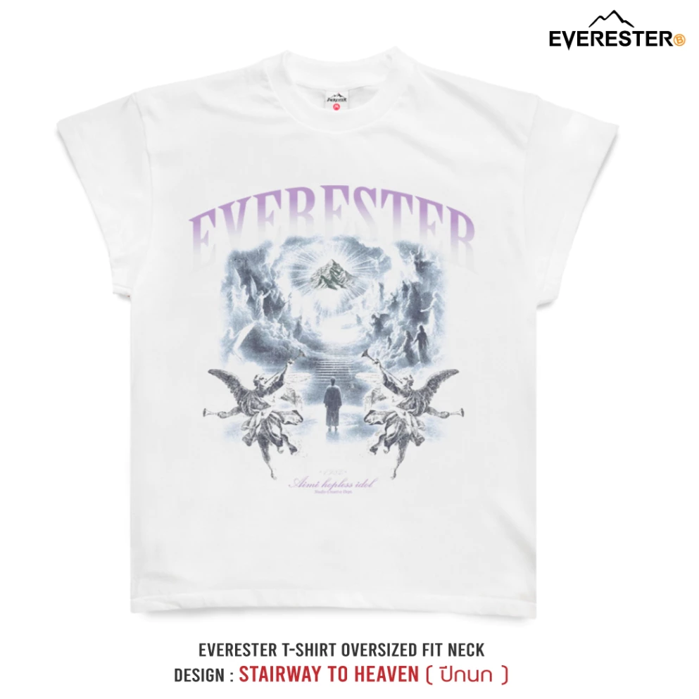 EVERESTER เสื้อยืด คอฟิต - แขนปีกนก วินเทจ Heaven Heavy Cotton เสื้อผู้ชาย Oversize สีขาว Wing