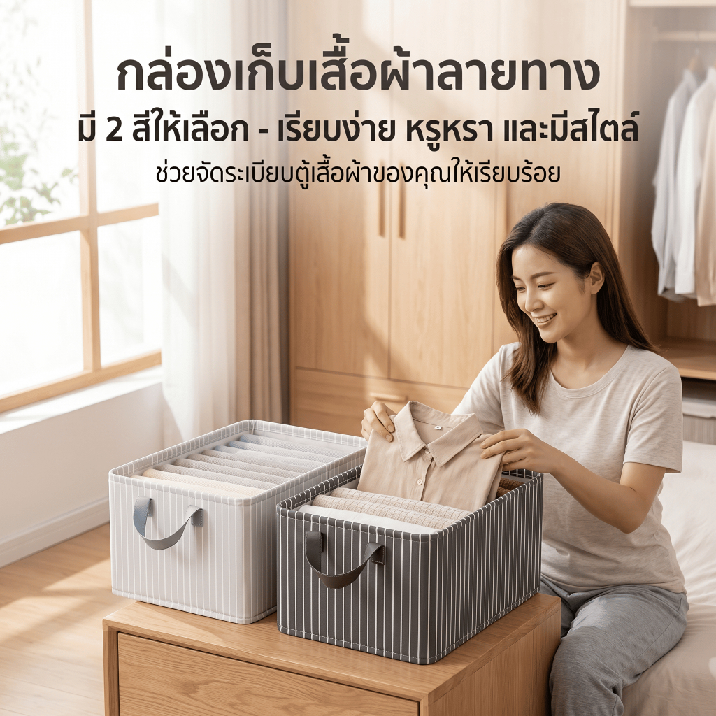 กล่องเก็บเสื้อผ้าลายทาง 2สี กล่องผ้าจัดระเบียบตู้เสื้อผ้า ใช้เก็บเสื้อผ้าได้สะดวก แข็งแรง ราคา ถูกที่สุด ดีลบีเคเค