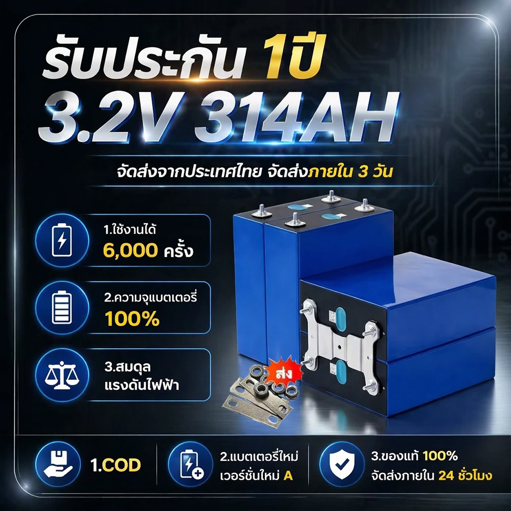 แบตเตอรี่ลิเธียมฟอสเฟตใหม่ 3.2V 314Ah แบตลิเธี่ยม lifepo4 3.2V 176ah /120ah ใช้ในงานโซล่าเซลล์ งานสำรองไฟ UPS