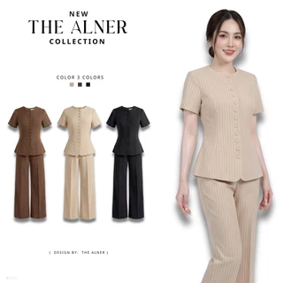 Thealner-AN257 (เซตเสื้อลายริ้วแขนสั้นแต่งกระดุมหน้ากางเกงขายาว)