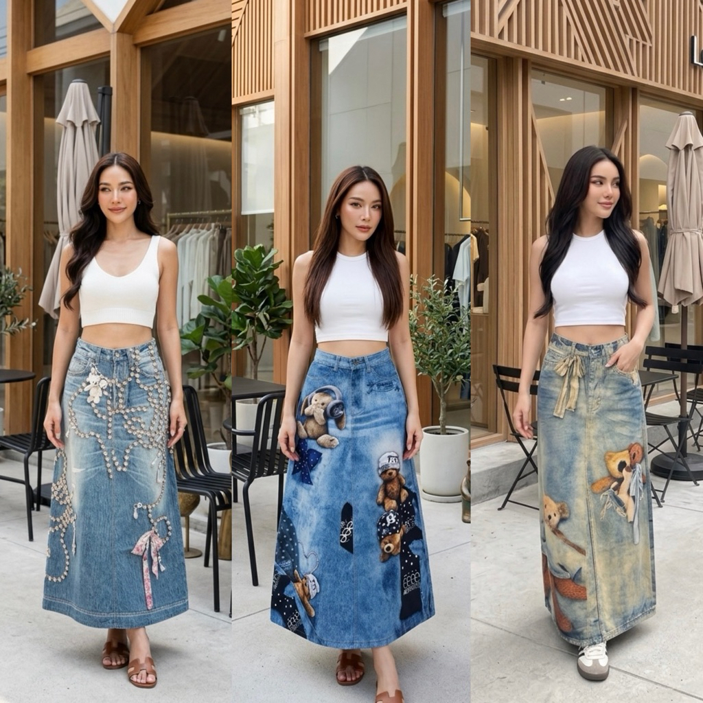 Maxi Denim Skirt กระโปรงยีนส์ยาว เอวสูง ทรง A-Line การทำลายและรอยเฟดแบบเซอร์ๆ ให้ลุคที่ดูแฟชั่น 8195