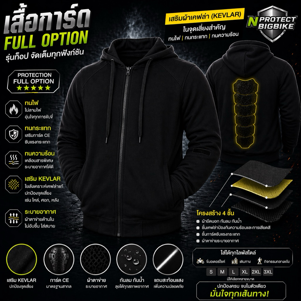 เสื้อการ์ด HOOD BIGBIKE สีดำล้วน พร้อมการ์ด 5 จุด (มีของพร้อมส่งทันที) รุ่น Full Option มีไซส์พิเศษ
