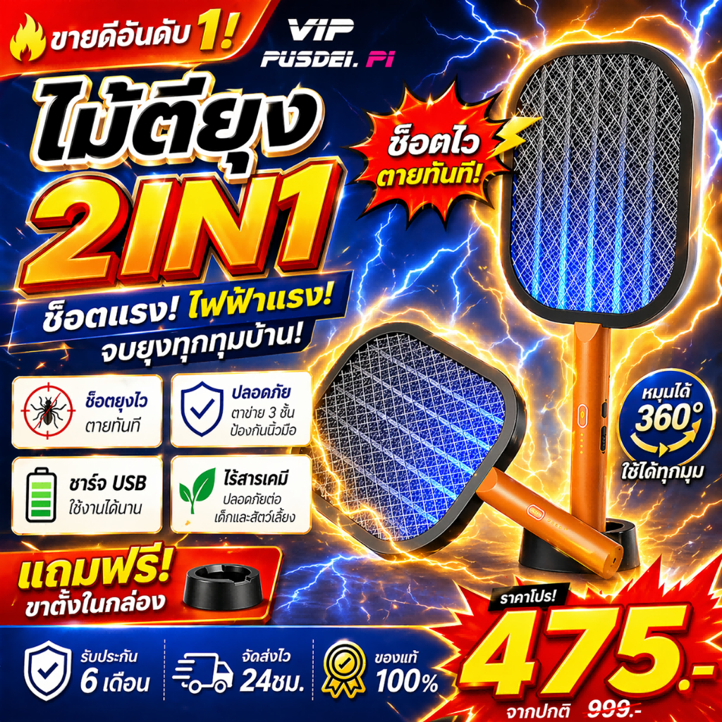 ⚡สินค้าใหม่⚡ไม้ตียุงไฟฟ้า รุ่นอัพเกรด ไม้ตียุงไฟฟ้า2in1พร้อมฐาน ไม้ช็อตยุงไฟฟ้า เสียบชาร์จไฟไร้สาย