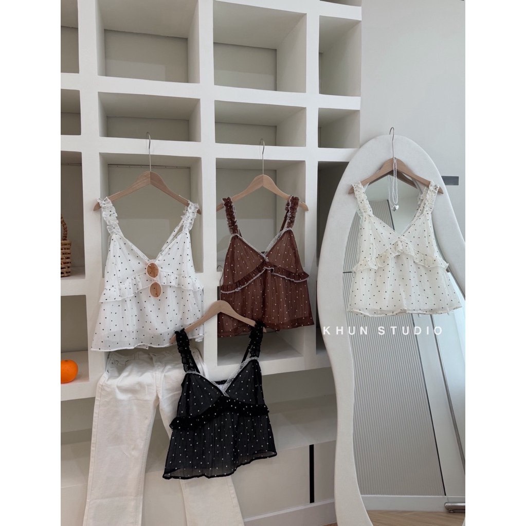 เสื้อสายเดี่ยว/กล้ามลายจุด ช่วงสายแต่งระบาย เสื้อสายเดี่ยวลายจุด น่ารัก แต่งระบายอก Khun (K044)