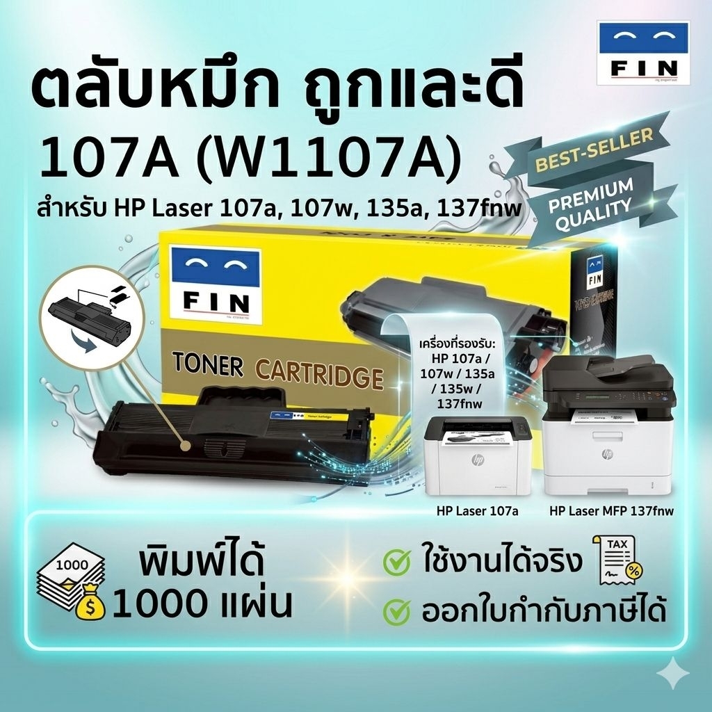 FIN ตลับหมึกเลเซอร์ HP107A ,W1107 (107A) หมึกปริ้น สำหรับเครื่อง HP Laser 135a, MFP135w, MFP137fnw