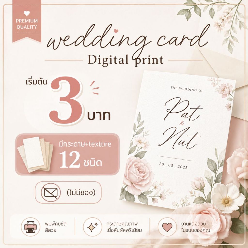 การ์ดงานแต่ง Wedding card เฉพาะการ์ด ไม่มีซอง มีเนื้อให้เลือก 12 ชนิด