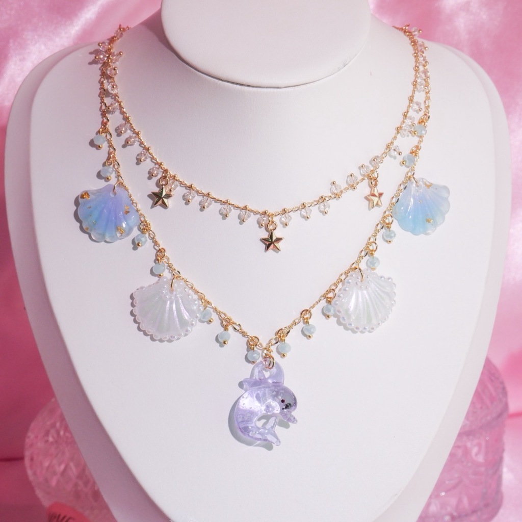 MIMEAR U443 สร้อยคอเลเยอร์เปลือกหอยโลมาม่วง Layered Shell & Purple Dolphin Necklace 14K Limited