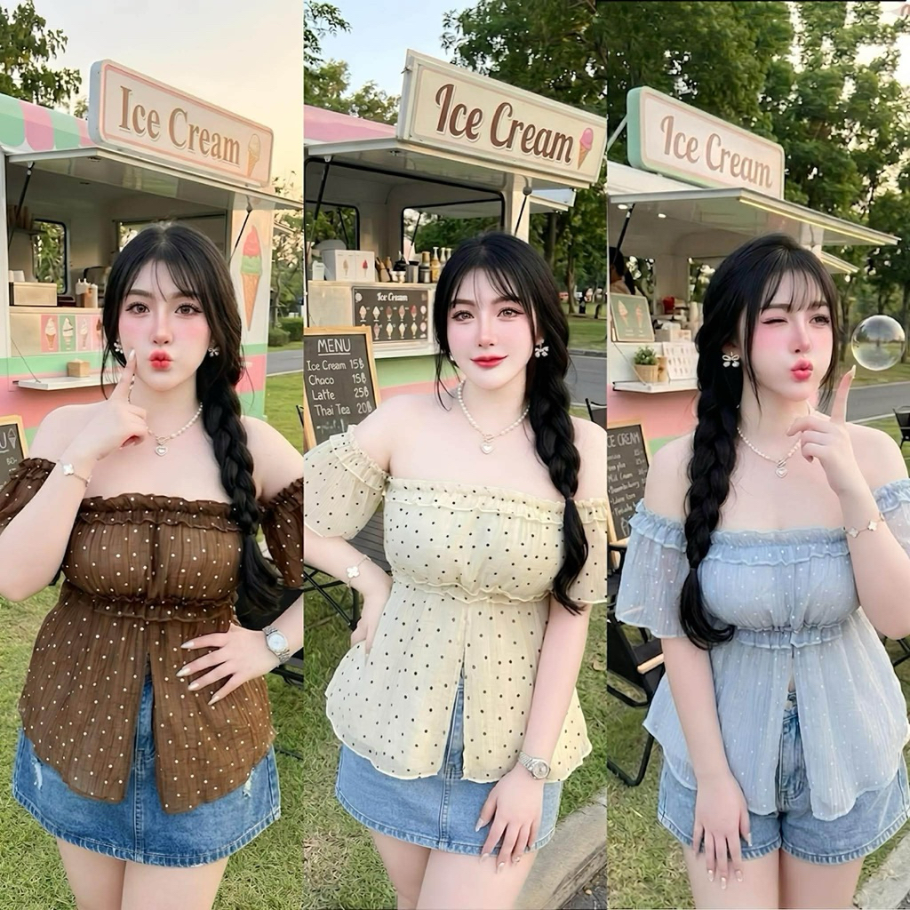 เสื้อเปิดไหล่ ผ้าโรซี่ลายจุด ไซส์ใหญ่สำหรับสาวอวบอ้วน อก30-54 นิ้ว ใส่น่ารักเซ็กซี่ พลัสไซส์