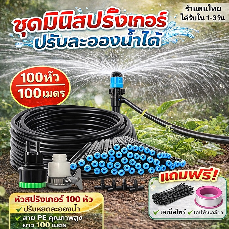ระบบชลประทานหยดน้ำครบชุด สายยาว 22-100 เมตร หัวสปริงเกอร์สีฟ้าละอองรอบทิศ ท่อ 4/7 มม. ปรับการไหลน้ำได้ ทนทาน