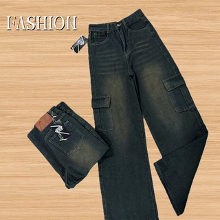 Fashion รุ่น #6551 กางเกงยีนส์ คาร์โก้ ทรงกระบอก สีสนิมเข้ม แต่งเฟดขา ทรงสวยผ้าไม่ยืด กระเป๋าตรง 2 ใบ