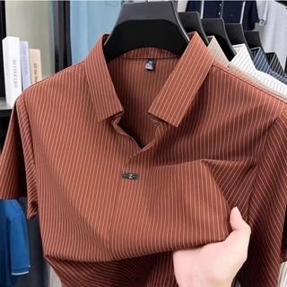 kcloset - เสื้อโปโลผ้าไหมน้ำแข็งสำหรับผู้ชาย สไตล์เกาหลี แขนสั้น คอวี ลายทางแนวตั้ง