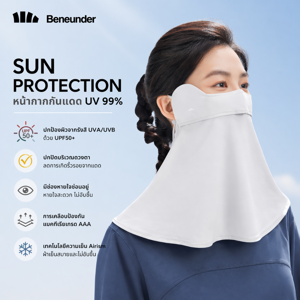 Beneunder หน้ากากกันแดดกัน UV99% UPF50+ รุ่น Balle มีช่องหายใจสะดวก มีผ้ากันแดดลงมาปิดคอ