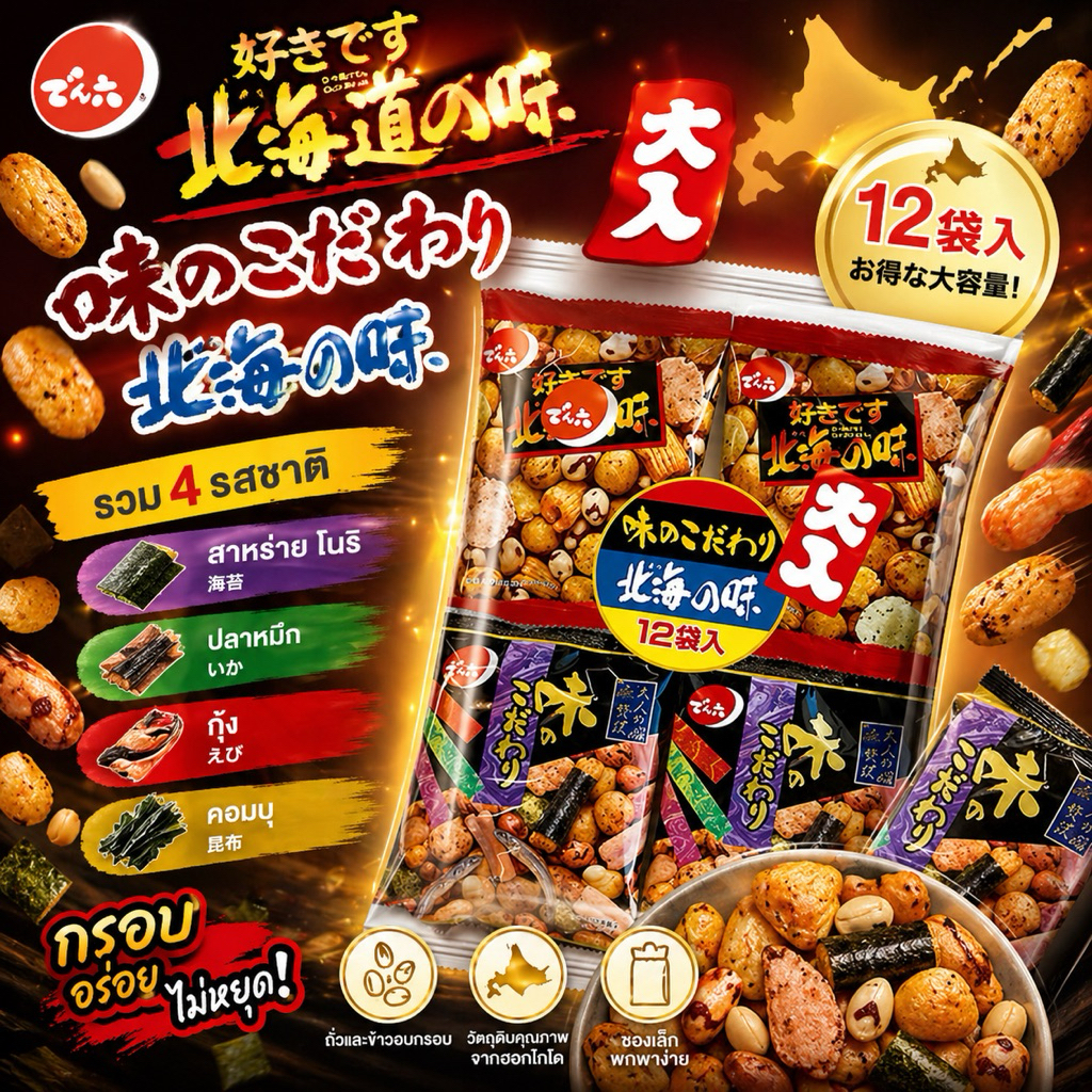 Denroku ขนมถั่วฮอกไกโดและแครกเกอร์ข้าว (ขนาด12ห่อ รวม252g)