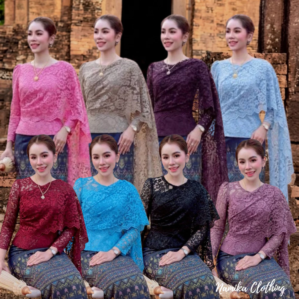 เสื้อลูกไม้ แต่งสไบ คอกลม แขนยาว งานเข้ารูปเข้าทรงสวย ใส่ออกงาน ไปวัด ทำบูย สวยมาก