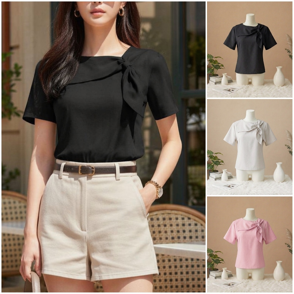 E12 เสื้อทํางานผู้หญิง แขนสั้น แต่งโบว์ผูก แฟชั่น สไตล์มินิมอล ทรงน่ารักมาก Easter Egg