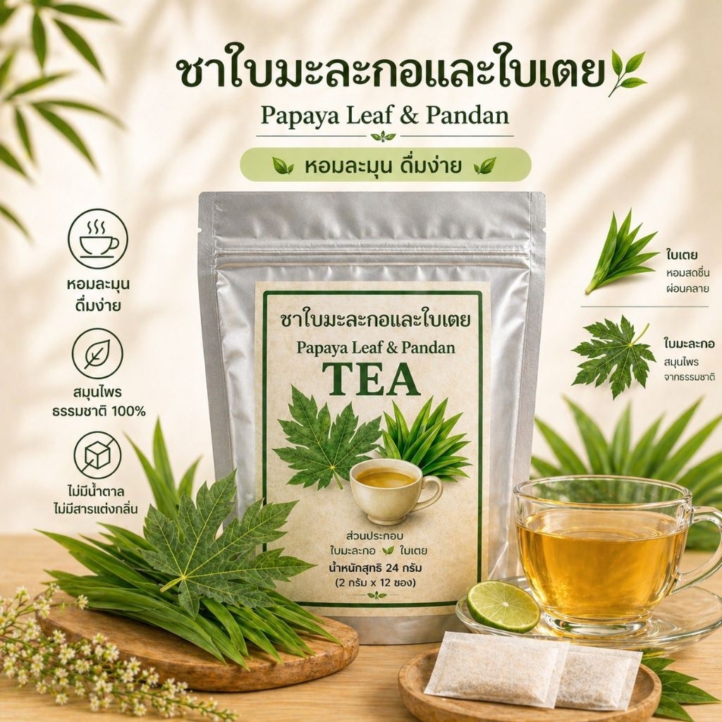 ชาใบมะละกอและใบเตย 12 และ40ซองชา ได้ร้อนและเย็น ธรรมชาติแท้ 100% สินค้าออร์แกนิก ชาสมุนไพรสูตรธรรมชาติ ดื่มง่าย