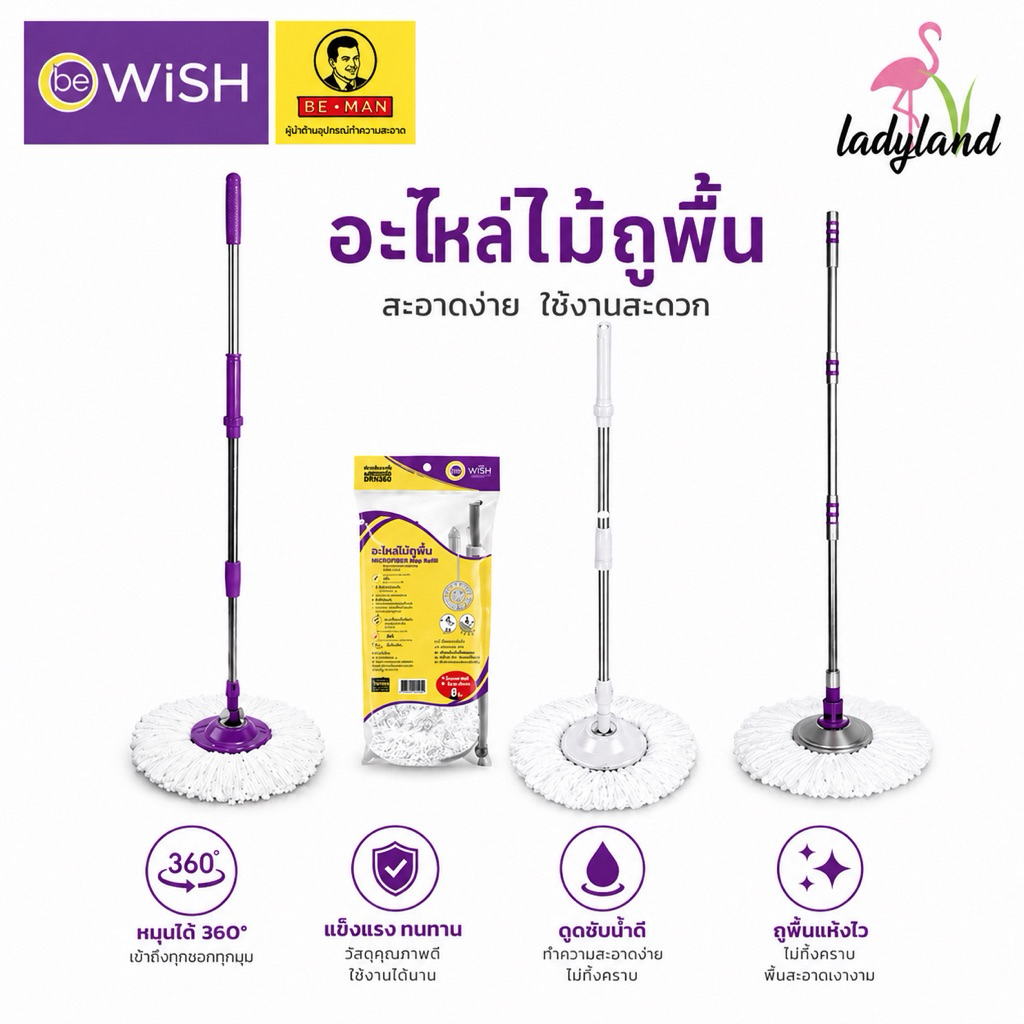 อะไหล่ไม้ถูพื้น อะไหล่ไม้ม็อบ พร้อมผ้าไมโครไฟเบอร์ สแตนเลส ไม้ถูพื้น อะไหล่ไม้ถูพื้น