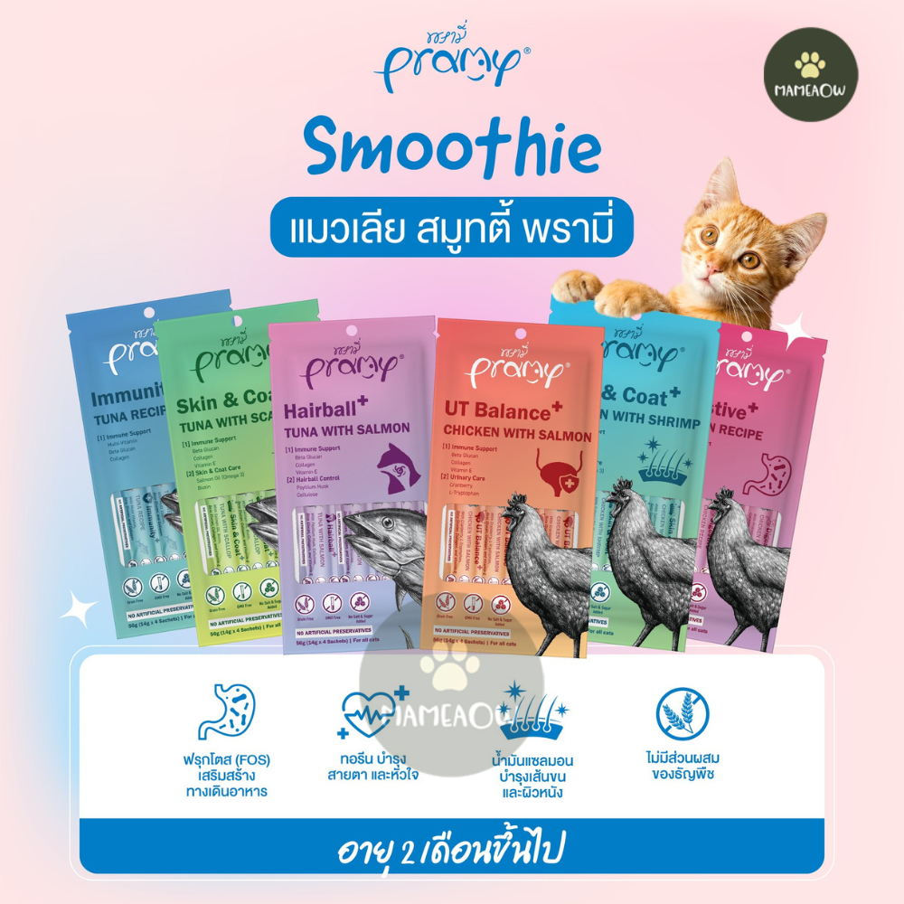 Pramy Smoothy ขนมแมวเลีย พรามี่ สมู้ตตี้ บำรุงขนและผิวหนัง ไม่เติมเกลือ ขนาด 14gx4 ซอง