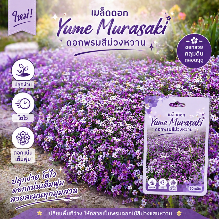 เมล็ดดอก Yume Murasaki (ยูเมะ มุราซากิ) – ดอกพรมสีม่วงหวาน ปลูกง่าย โตไว ดอกแน่นเต็มพุ่ม