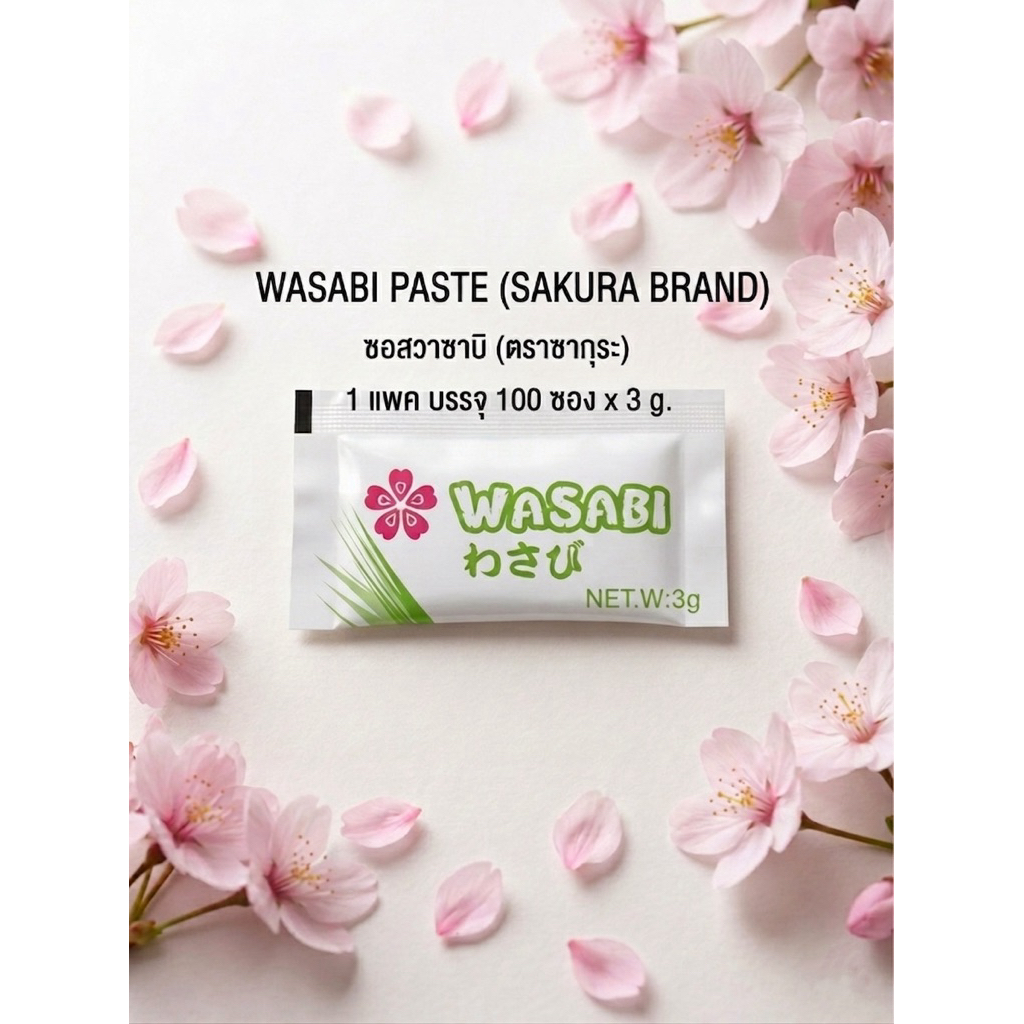 วาซาบิ บรรจุ 100 ซอง วาซาบิ ตราซากุระแท้ 100% เผ็ดฉุน เผ็ดขึ้นจมูก วาซาบิซอง SAKURA รหัสสินค้า SK100