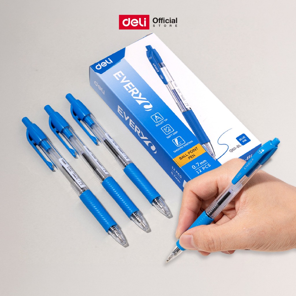 ปากกาลูกลื่นแบบกด Deli รุ่น EQ60/EQ80 ขนาดเส้น 0.7 หมึกน้ำเงิน มีที่จับ (จำหน่าย 1 กล่อง/12ด้าม)