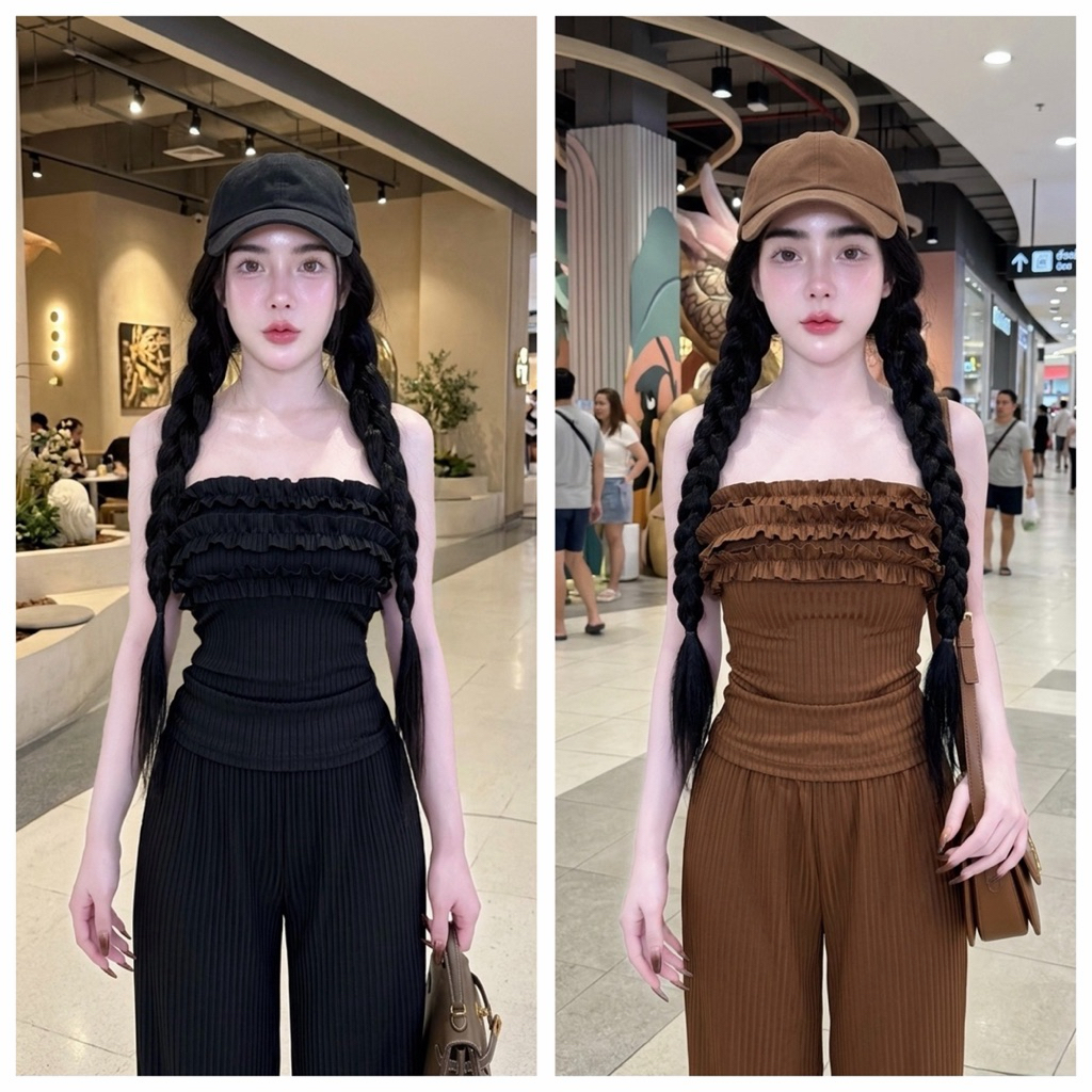 ชุดเซทเกาะอกขนมชั้น กางเกงขายาว  ผ้าล่องพีช
