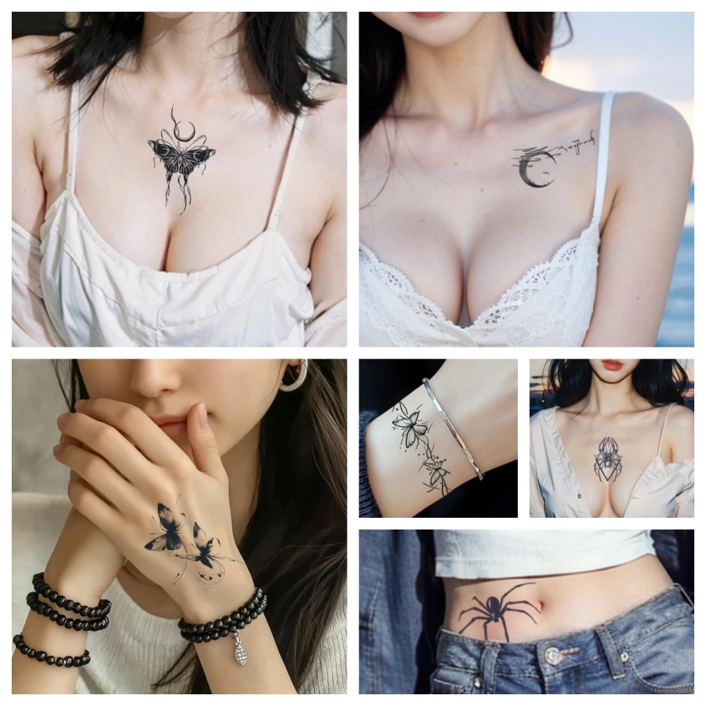 HD ในไทย สติกเกอร์รอยสักชั่วคราว สีดํา ชุดผีเสื้อ กันน้ำ กันรอย ยาวนาน กึ่งถาวร สําหรับผู้หญิง-COD