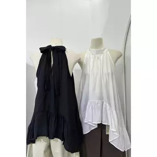 M2122 New Arrival! เสื้อสายคล้องคอผูกโบว์หลัง ชายระบายพริ้วสวย สไตล์มินิมอลเกาหลี