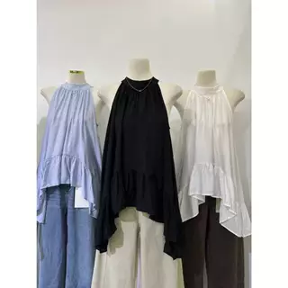 M2122 New Arrival! เสื้อสายคล้องคอผูกโบว์หลัง ชายระบายพริ้วสวย สไตล์มินิมอลเกาหลี