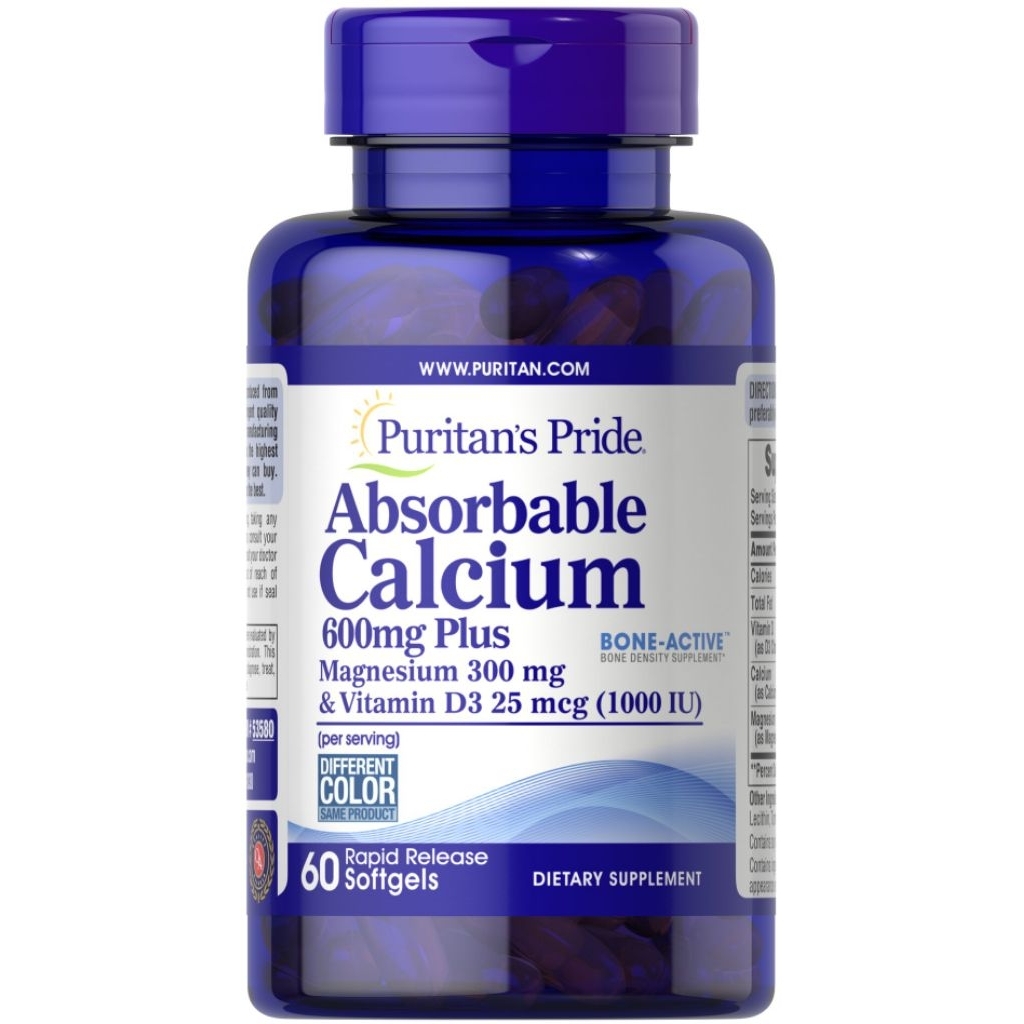 Puritan Absorbable Calcium 600-1200 mg with Vitamin D3 1000 IU แคลเซี่ยมแบบซอฟเจลผสมวิตามินดีจากอเมริกา