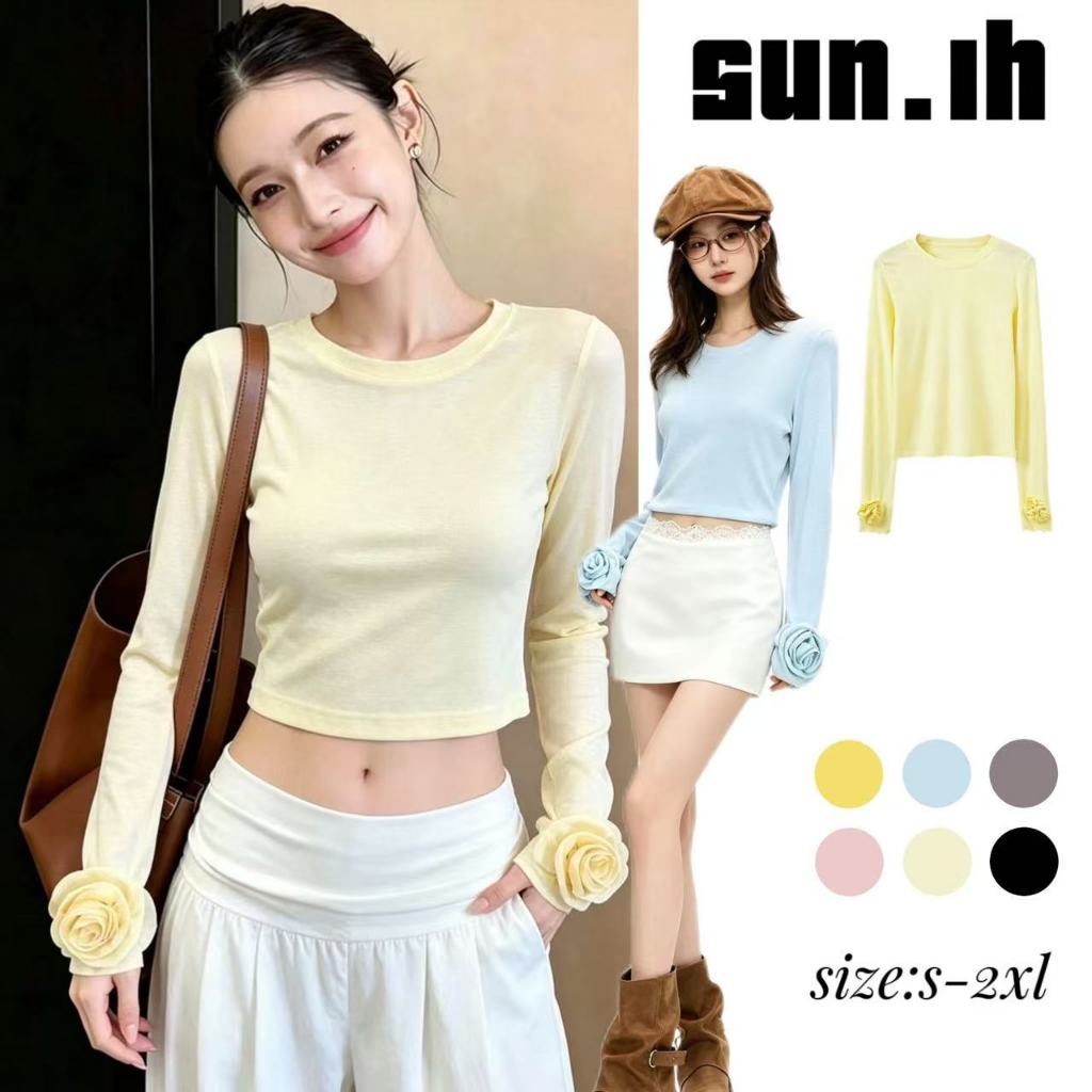 SUN🛍️พร้อมส่ง🛍️เสื้อยืดแขนยาวลายดอกคามิเลีย 3 มิติ ดีไซน์สวยงาม เหมาะสำหรับฤดูใบไม้ผลิ/ฤดูร้อน ทรงเข้ารูป น้ำหนักเบา