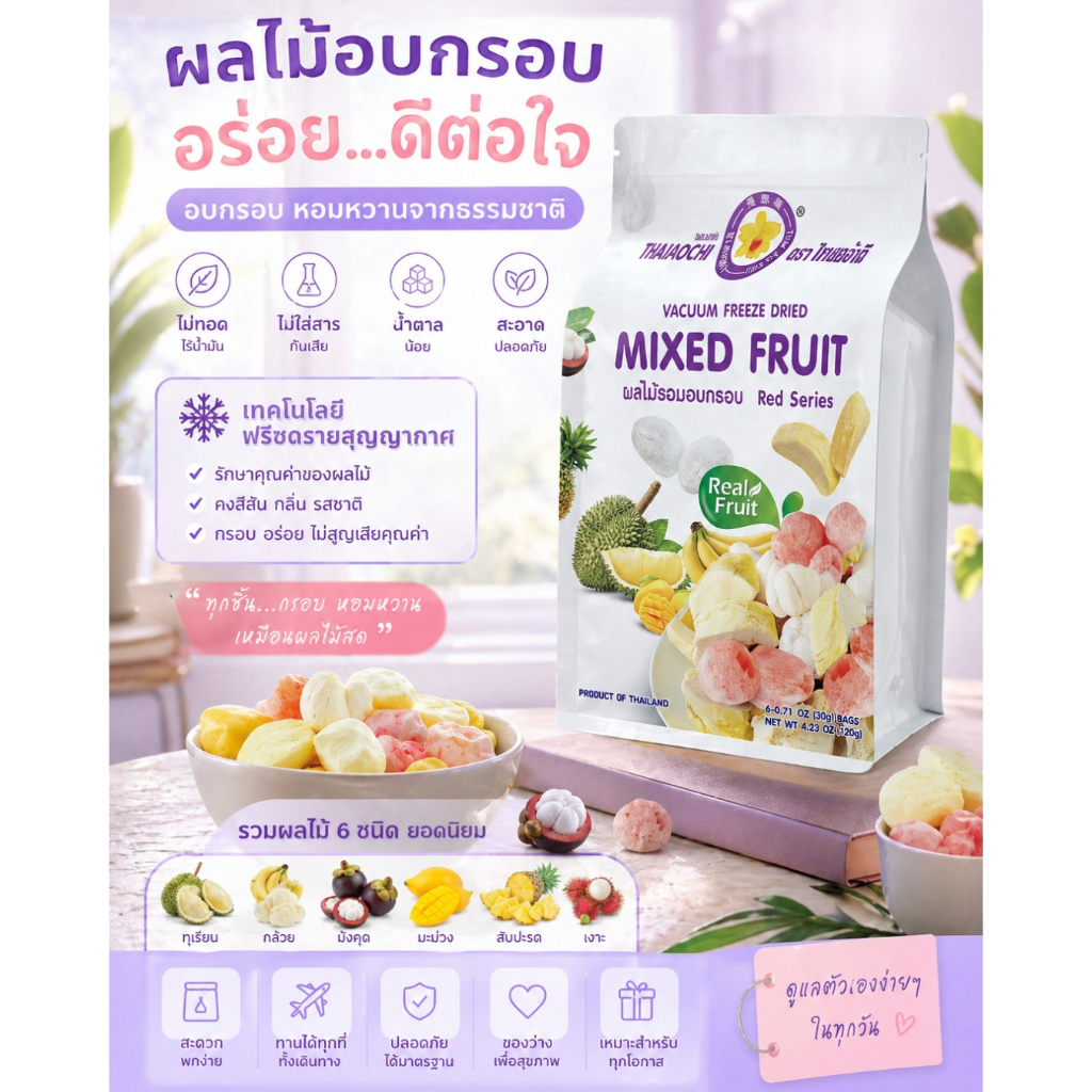 ผลไม้รวมอบกรอบฟรีซดราย Mixed Fruit RED SERIES 120 กรัม รวมผลไม้ 6 ชนิดพรีเมี่ยมในซองเดียว Thaiaochi