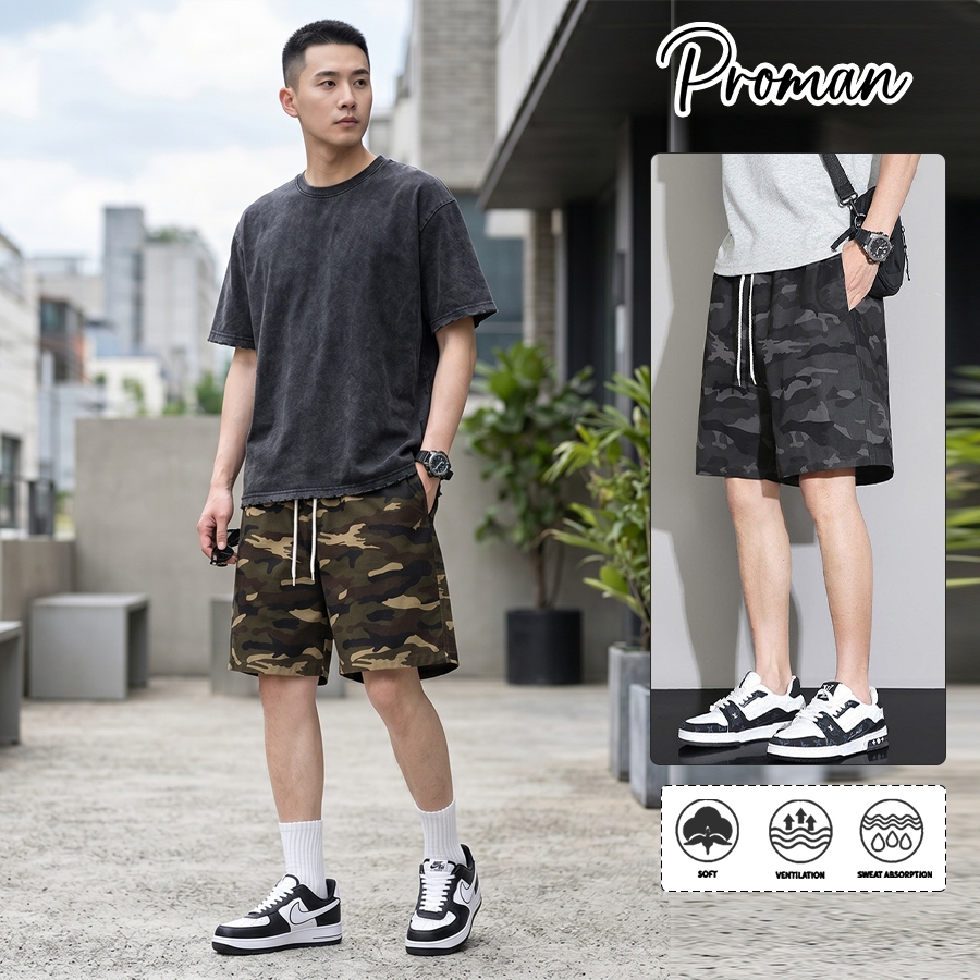ProMan-กางเกงขาสั้นลายพรางผู้ชาย  กีฬา  ระบายอากาศได้ดี  แบบหลวม  ยอดนิยม  เอวยางยืด