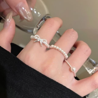 แหวน ring มุก โบว์ ins สไตล์เกาหลี แฟชั่น สำหรับผู้หญิง silver น่ารัก มินิมอล สไตล์บัลเลต์ หวาน COD