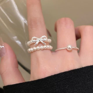 แหวน ring มุก โบว์ ins สไตล์เกาหลี แฟชั่น สำหรับผู้หญิง silver น่ารัก มินิมอล สไตล์บัลเลต์ หวาน COD