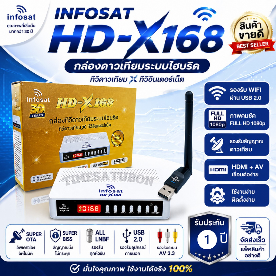 (กล่อง+เสาไวไฟ)กล่องทีวีดาวเทียมระบบไฮบริดINFOSATรุ่นHD-X168+เสา Wifi USB V3.