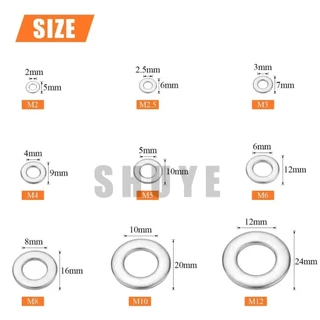 SHUYE สแตนเลสเครื่องซักผ้าแบน 580 ชิ้นแพคเกจรวมกัน ม2-ม12 หลายข้อกําหนดและขนาด