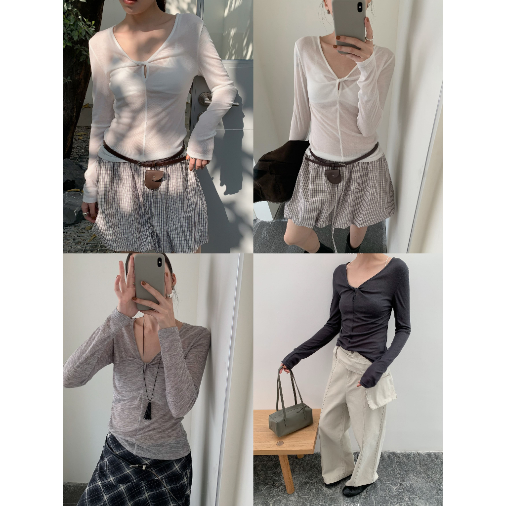 INBYIN -  เสื้อแขนยาวคอวีดีเทลม้วนอก TIE FRONT SHEER TOP - I3514